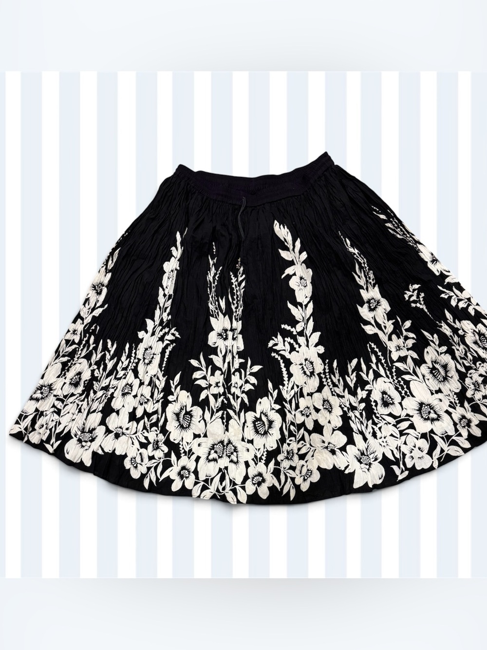 VTG Boho Black & White Floral Crinkle Cotton Maxi Skirt 2X Stretchy by Take Two